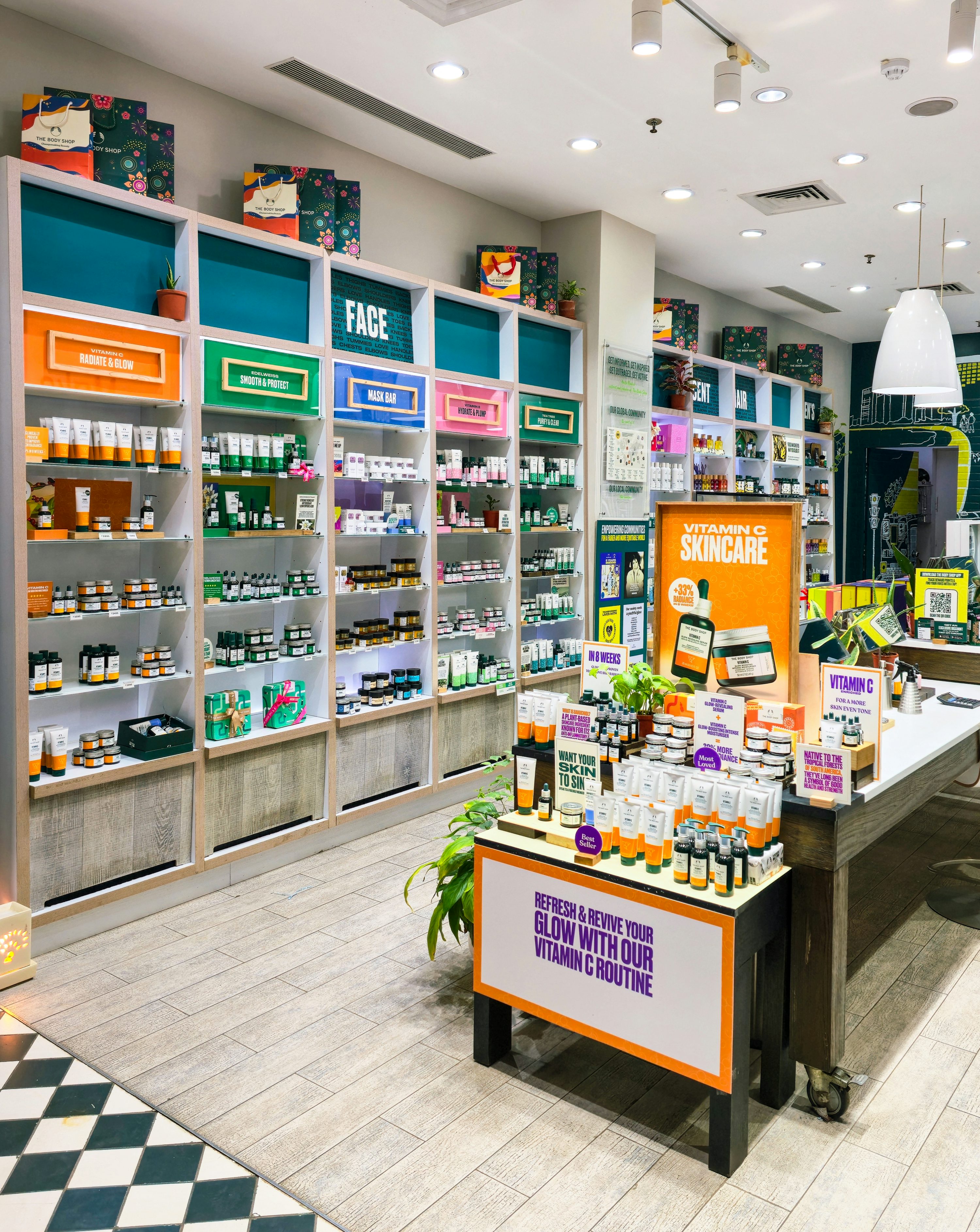 Cosmetics shop shelves stocked with beauty and personal care products